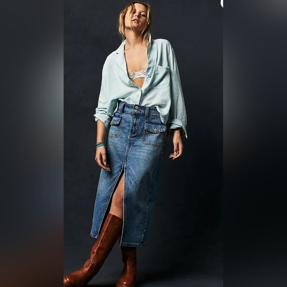 We The Free Madison Denim Midi Skirt Blue